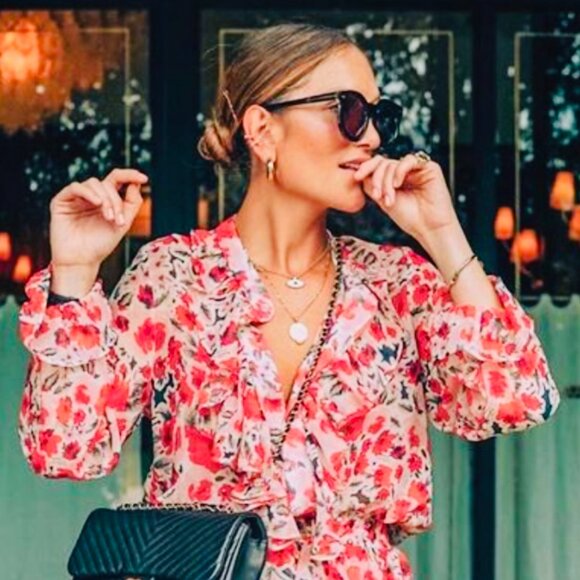Misa Los Angeles Tops - MISA LOS ANGELES Red & Pink Floral Ruffle Blouse Top – Small